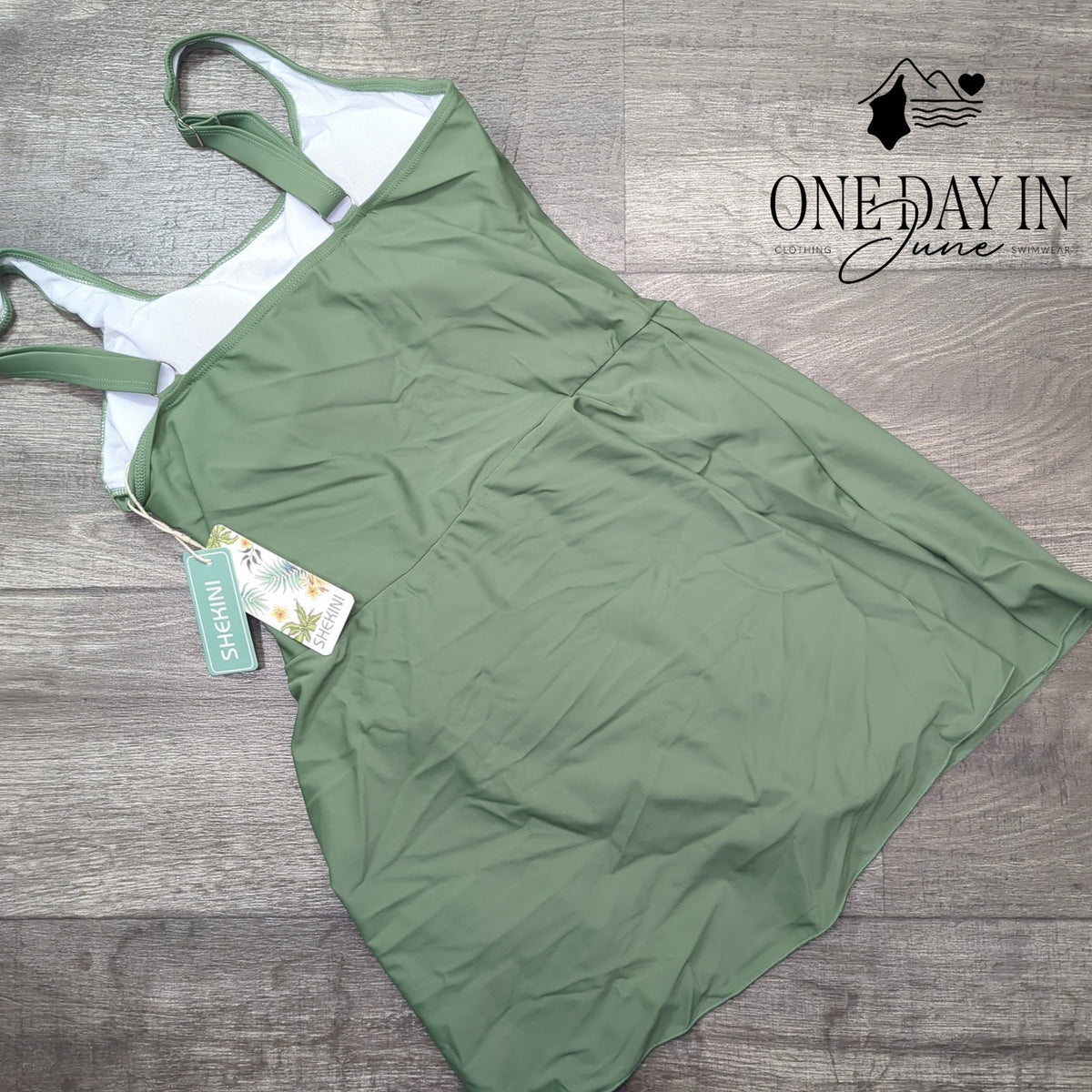 Shekini Scoop Neck Tie Side Swimdress One Piece Swimsuit Olive Green NWT Size M