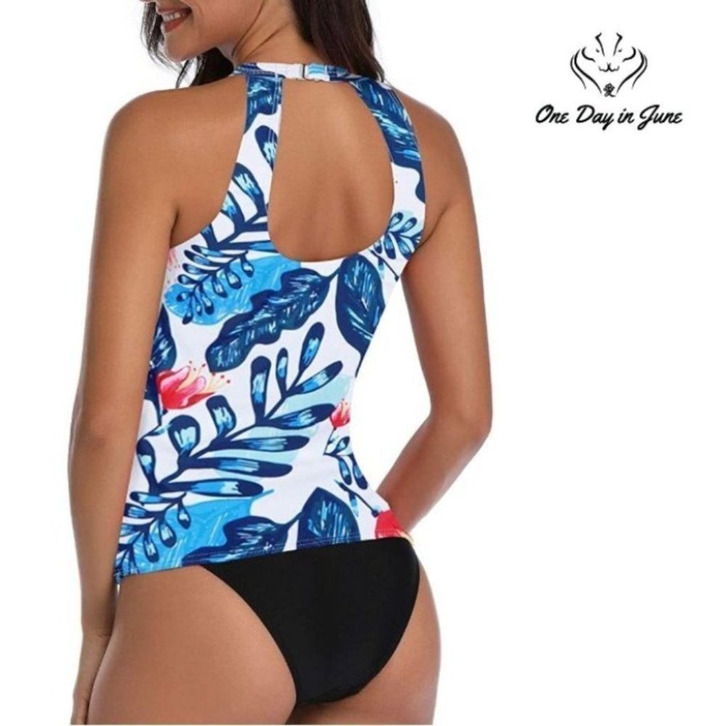 Yonique Halter Floral High Neck Keyhole Tankini Size S