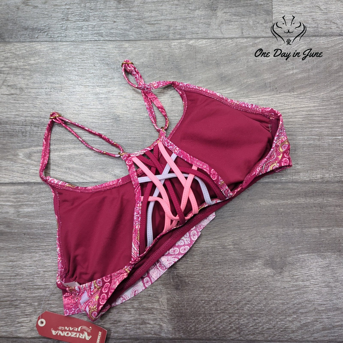 Arizona Jean Co. Juniors Paisley Ruffle Cage Back Bikini Top Pink NWT Size M