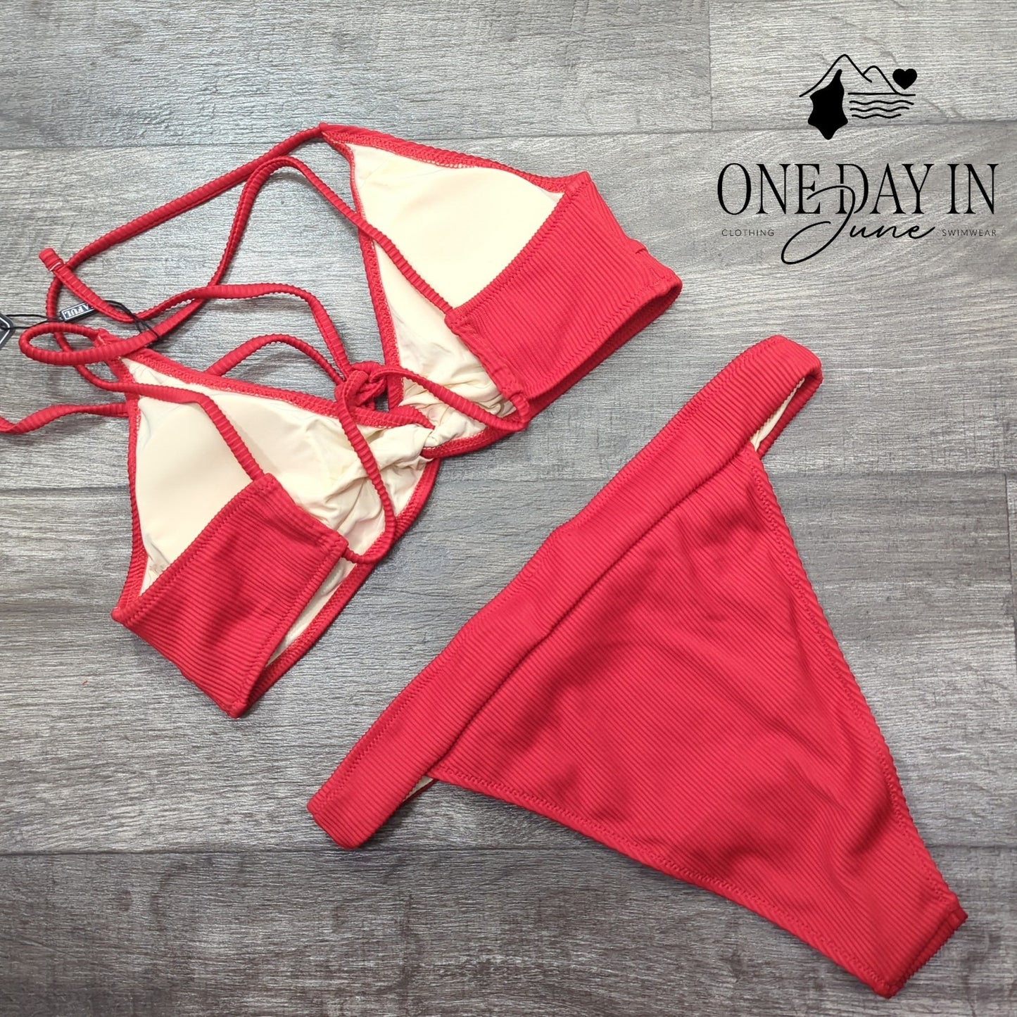 Zaful Ribbed Bikini Swimsuit Red High Cut Knot Strappy Two Piece NWT Size L
