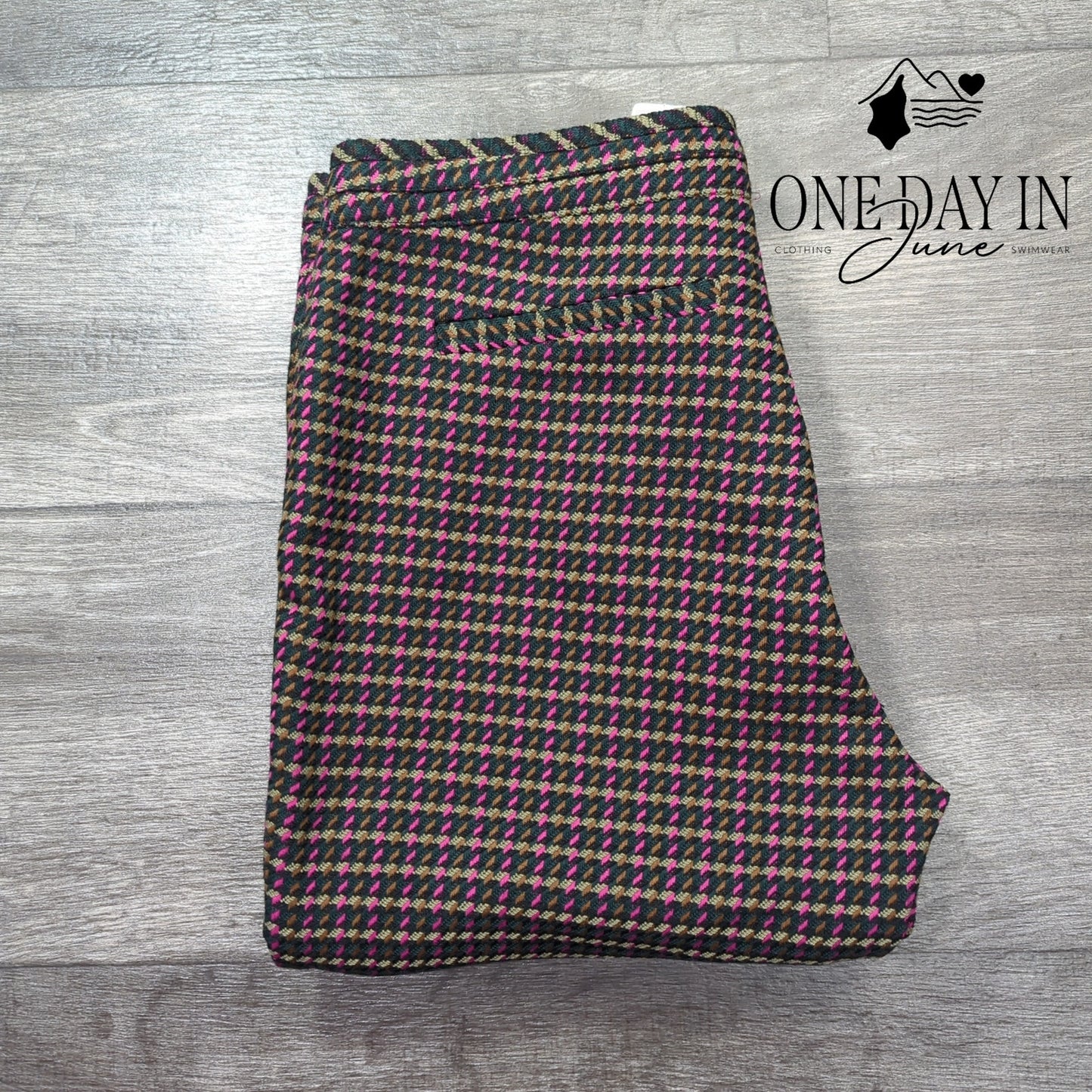 Tanya Taylor Ryan Pants Houndstooth Pink Green Zip Pockets NWT Size 4
