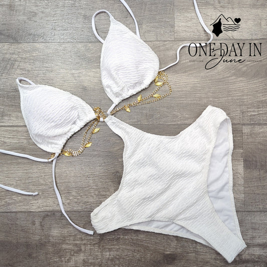 Adisputent White Gold Chain Monokini One Piece Swimsuit Cutout Size XL