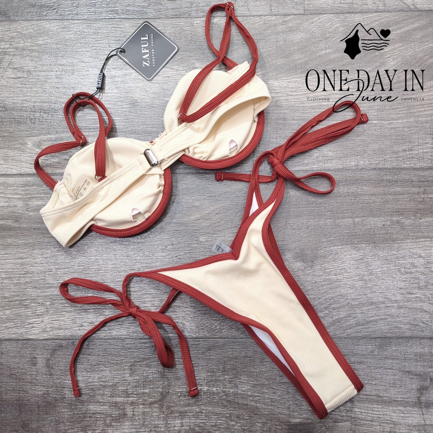 Zaful Ribbed Underwire Tie Side Bikini Swimsuit Size S