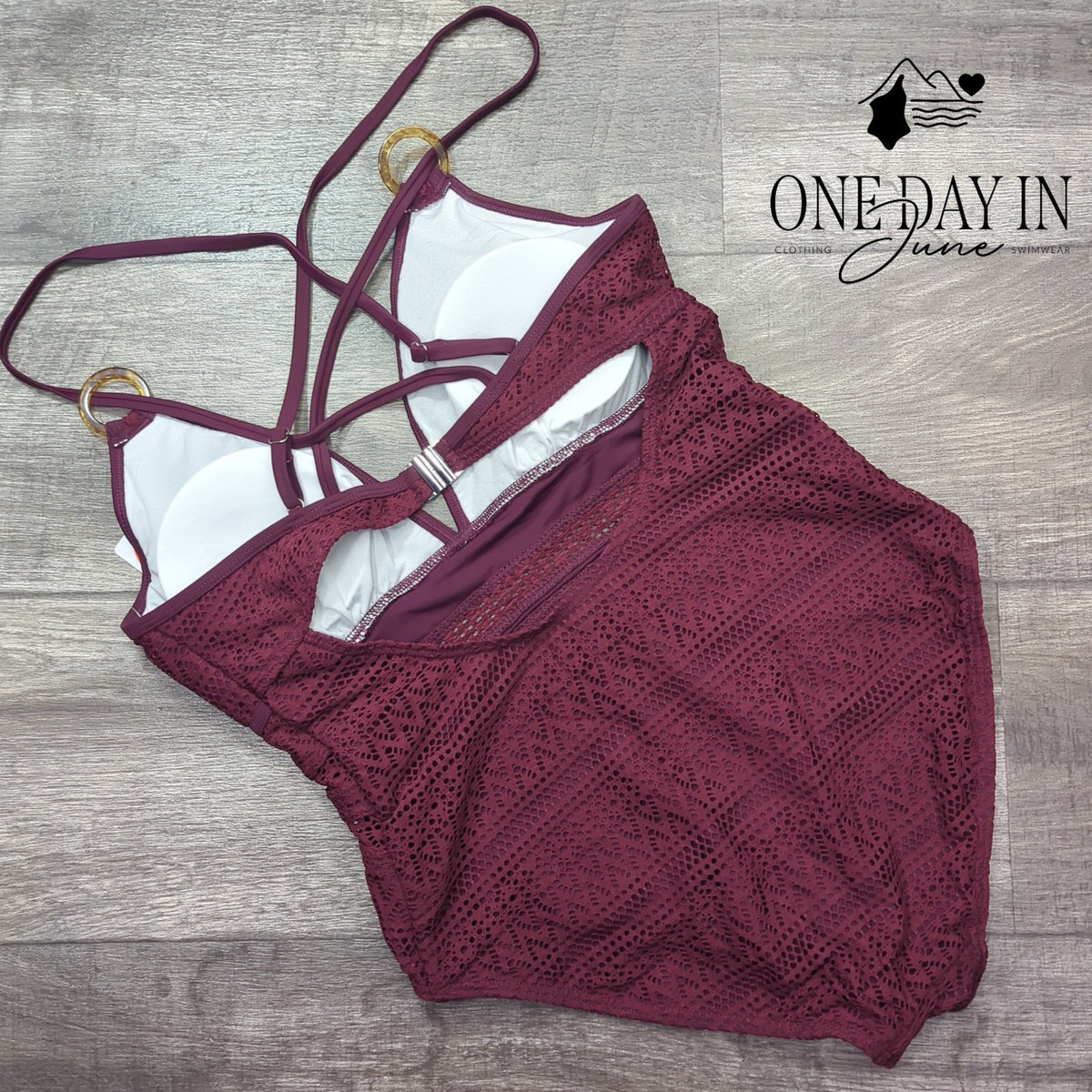 Charmo V Front One Piece Swimsuit Burgundy Crochet Lace NWT Size L