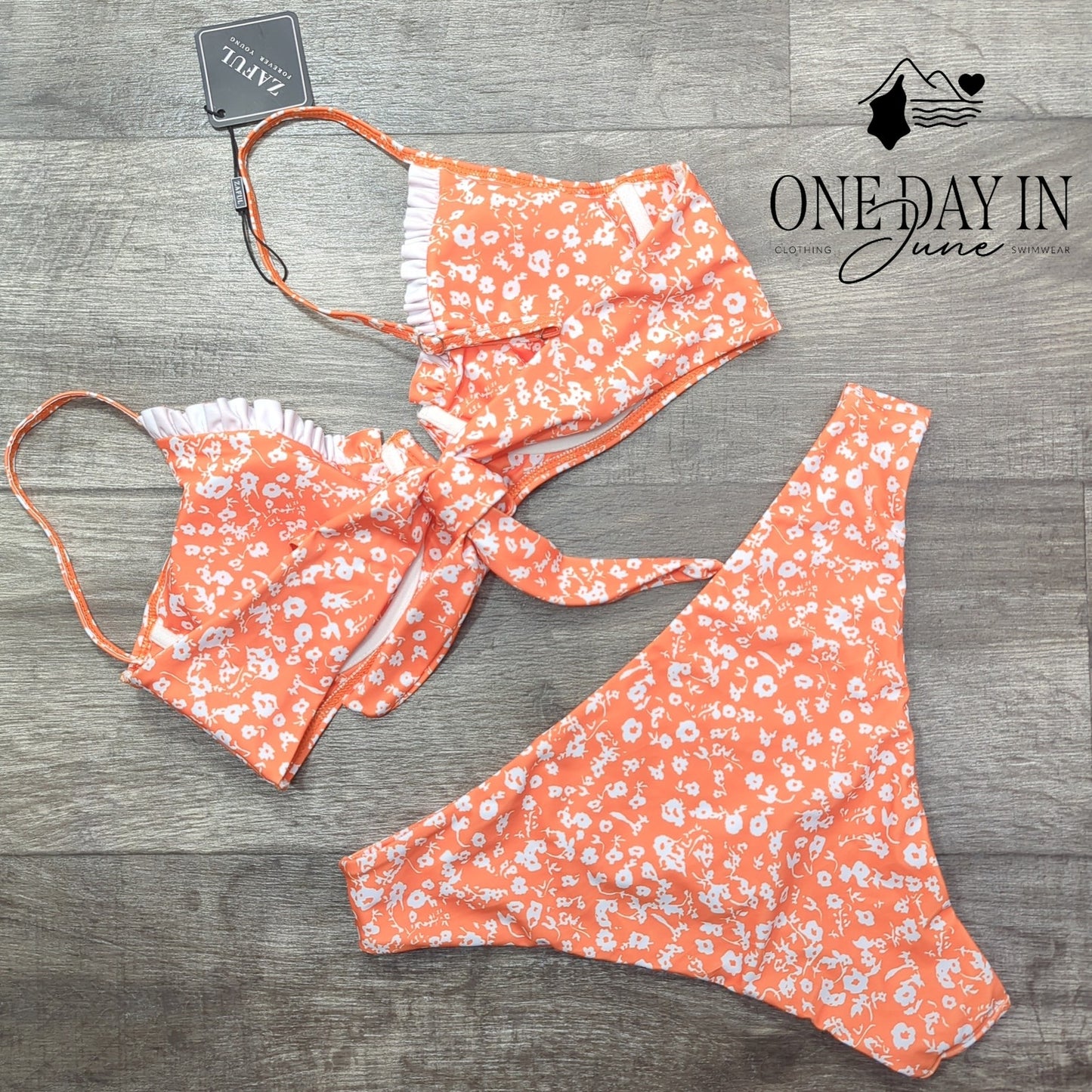 Zaful Floral Underwire Bikini Set Orange White Tie Back High Cut NWT Size L