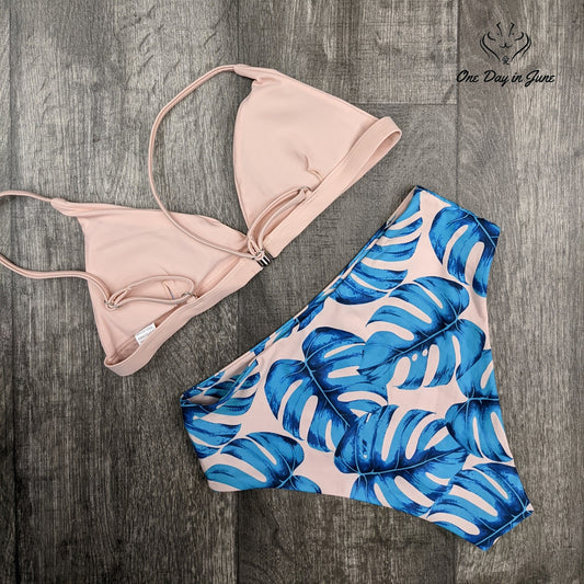 Zaful Palm Leaf Triangle Bikini Swimsuit Pink Blue Tropical Print Size S