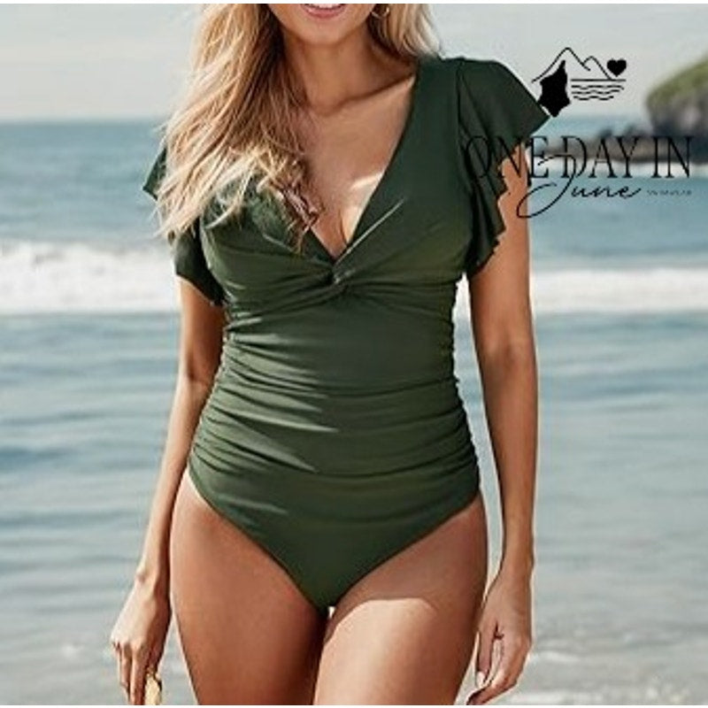 Blooming Jelly Lace Up Ruffle Shoulder One Piece Swimsuit Size M
