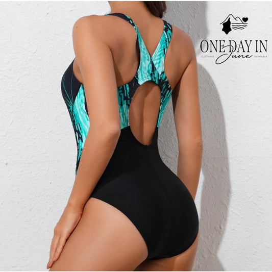 Charmo Sport One Piece Swimsuit Black Turquoise Racerback NWT Size M