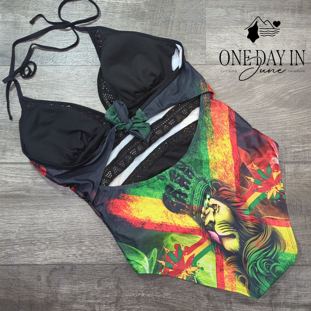 CharmLeaks Rasta Lion Print Halter One Piece Swimsuit Black Mesh NWT Size M