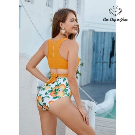 Molybell Floral Cutout One Piece Swimsuit Mustard Yellow High Waist NWT Size S
