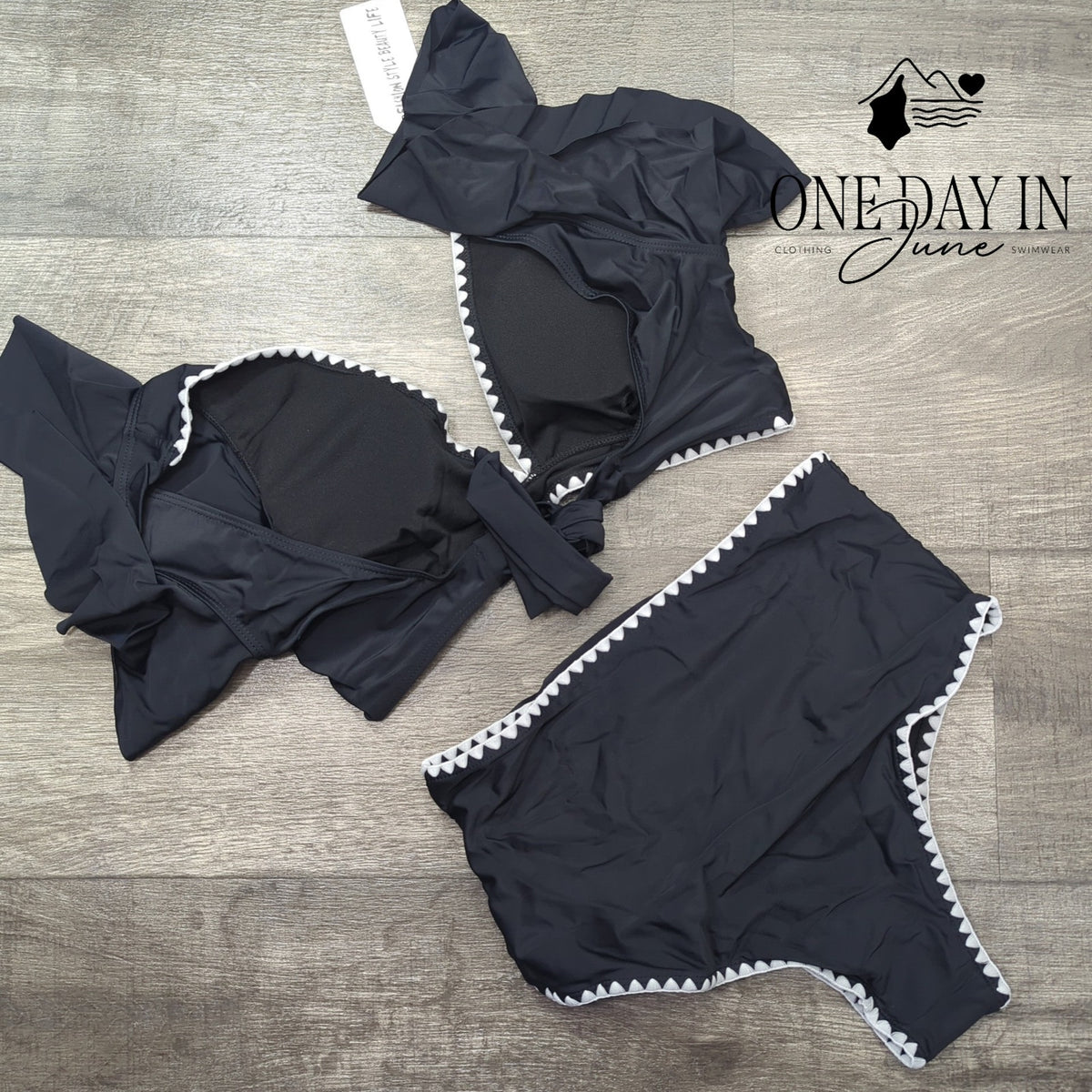 Sporlike Ruffle Shoulder Tie Back High Waist Bikini Swimsuit Black NWT Size M