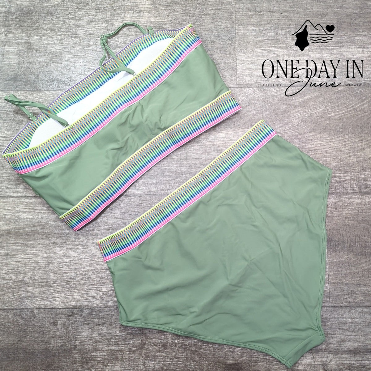 Adisputent High Waisted Crop Bikini Swimsuit Sage Green Rainbow Trim Size XL