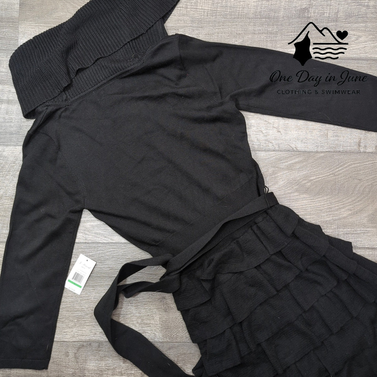 J Howard Cowl Neck Sweater Dress Black Tiered Ruffle Belted NWT Size L