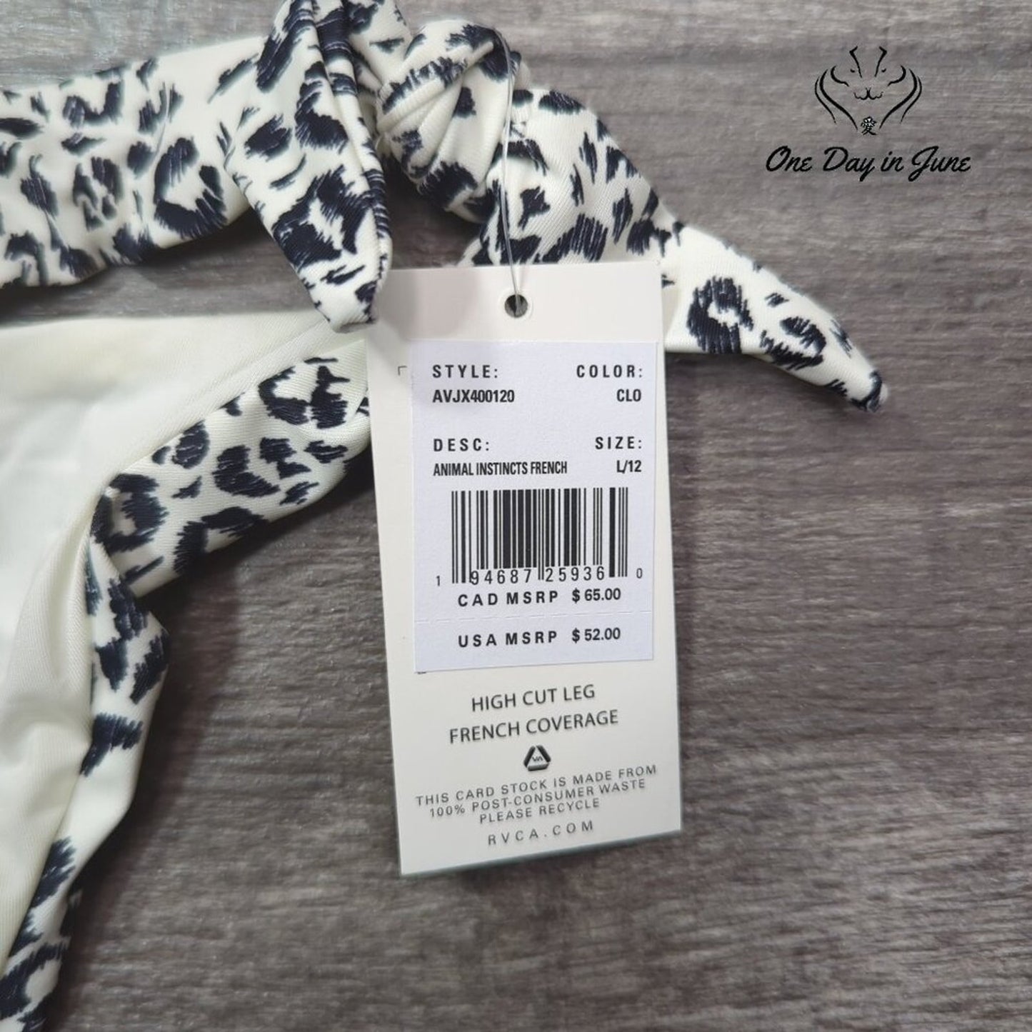 RVCA Animal Instinct French Tie Side Bikini Bottom Size L