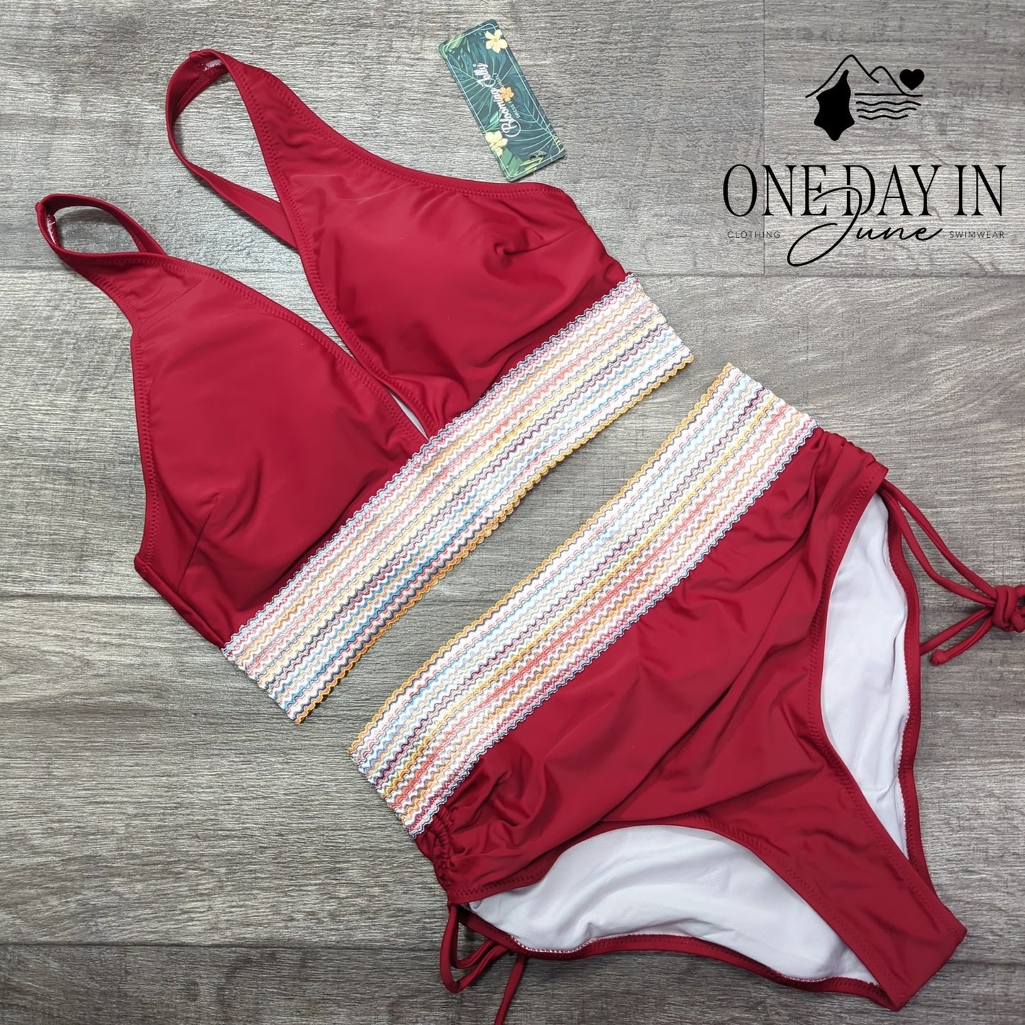 Blooming Jelly Embroidered Band Ruched Tie Side Bikini Swimsuit Size L