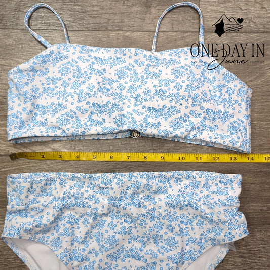 Adisputent Floral Bandeau Bikini Swimsuit Blue White High Waist Size M