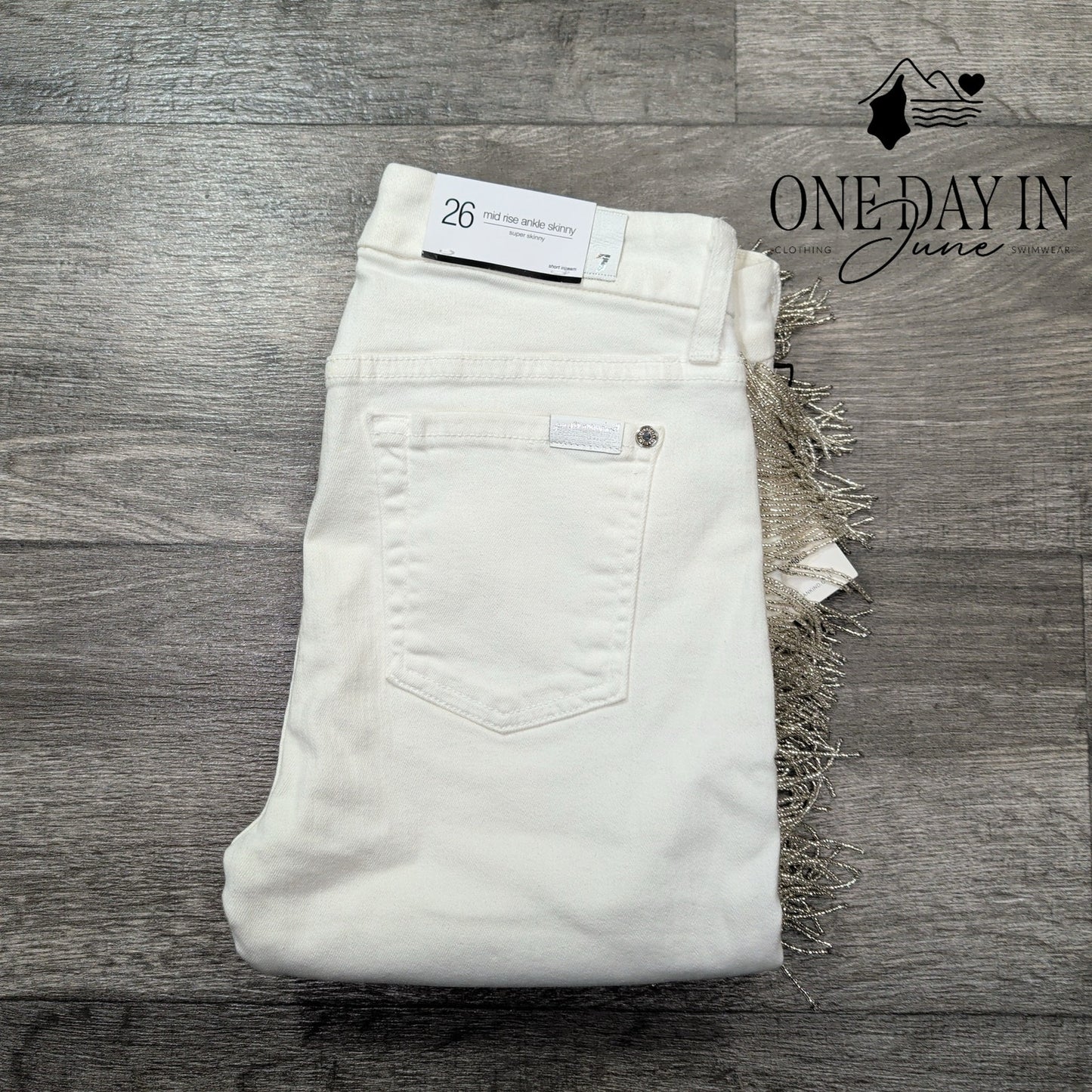 7 For All Mankind Jeans White Beaded Fringe Mid Rise Ankle Skinny NWT Size 2 (26