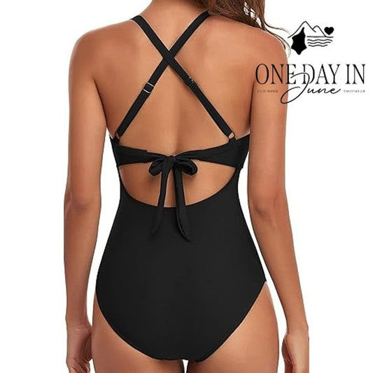 Eomenie Cross Front Cutout One Piece Swimsuit Black Tie Back NWT Size L