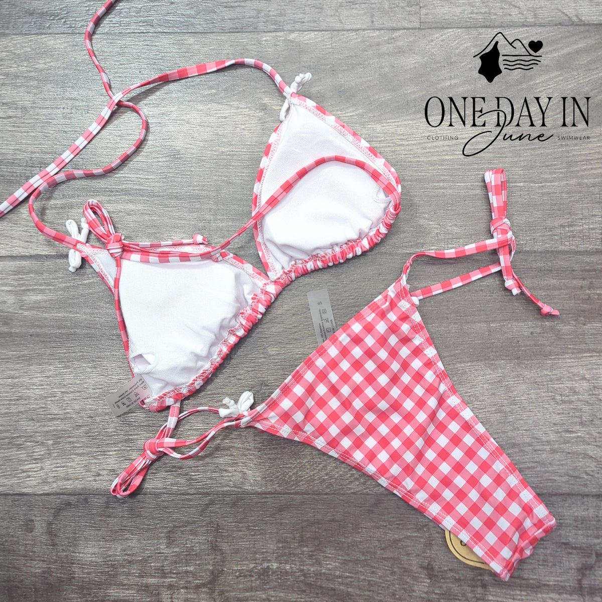 CharmLeaks Gingham Triangle Bikini Swimsuit Pink White Tie Side Size S