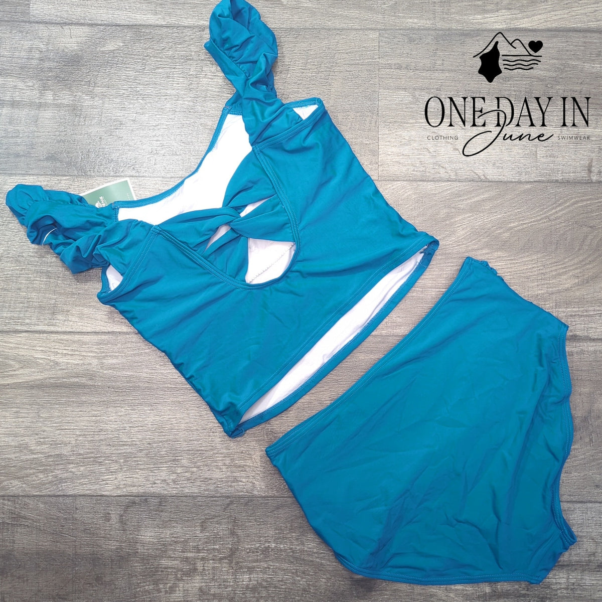 Eomenie Ruffle Shoulder High Waist Bikini Swimsuit Teal Blue NWT Size L