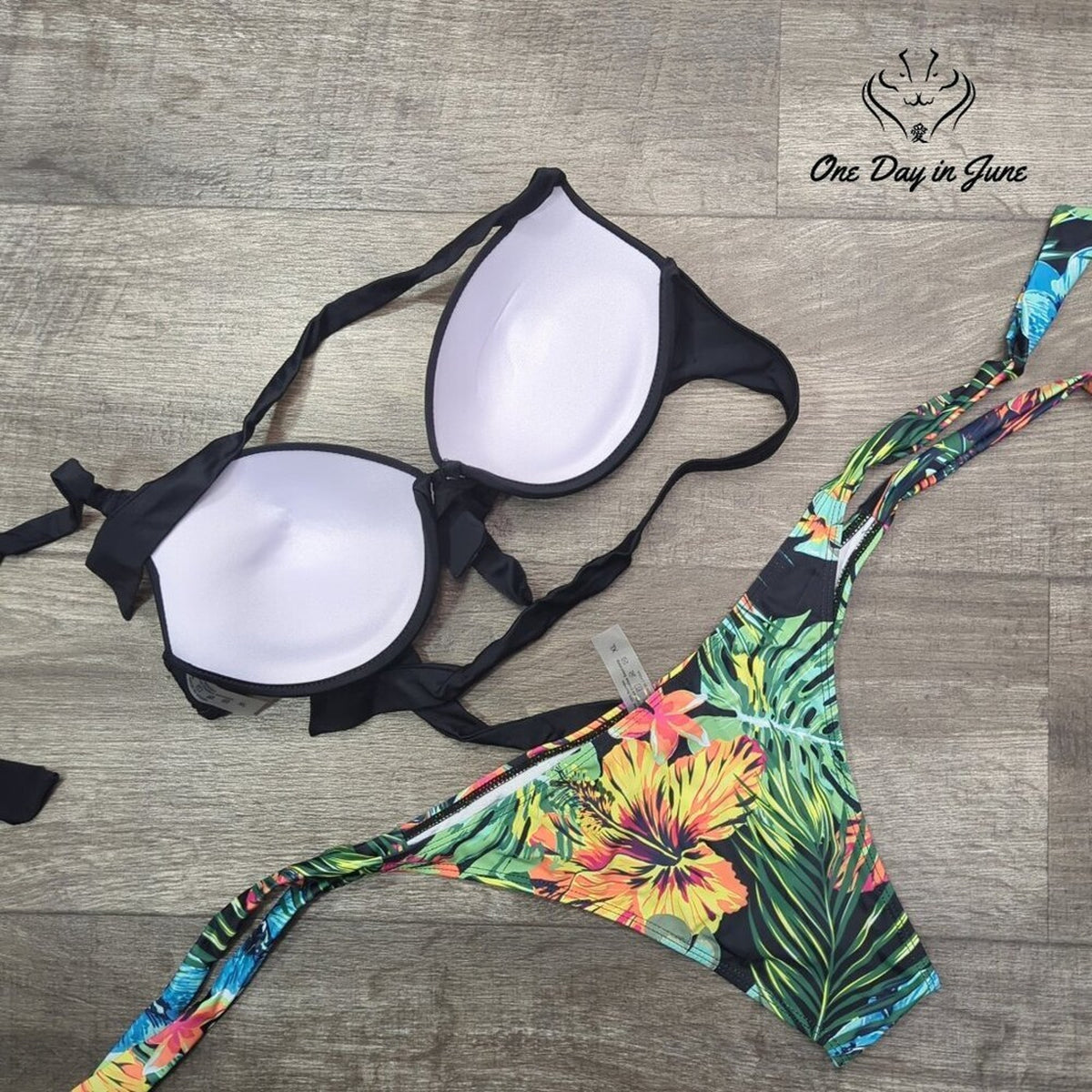 ODIJ Molded Cup Push Up Floral Tie Side Bikini Swimsuit Black Size XL