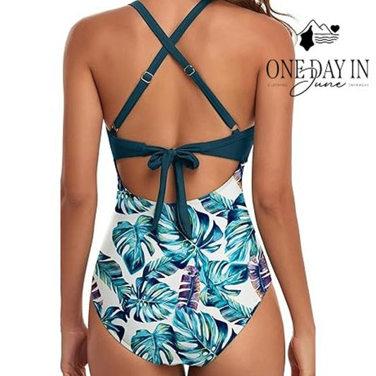 Eomenie Cross Front Cut Out Tie Back One Piece Swimsuit Tropical NWT Size XL