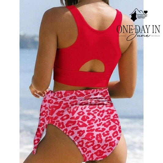 Dokotoo Red Crop Top High Waist Pink Leopard Bikini Swimsuit NWT Size XL