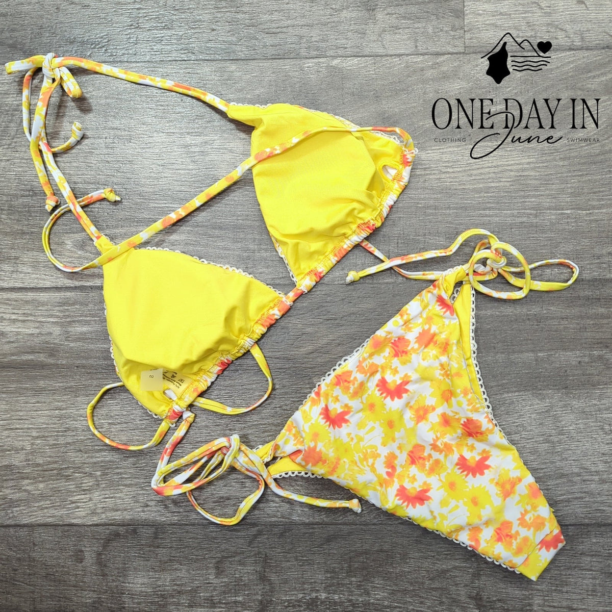 Aleumdr Floral Triangle Bikini Set Yellow Orange Halter Tie Side Swimsuit Size S