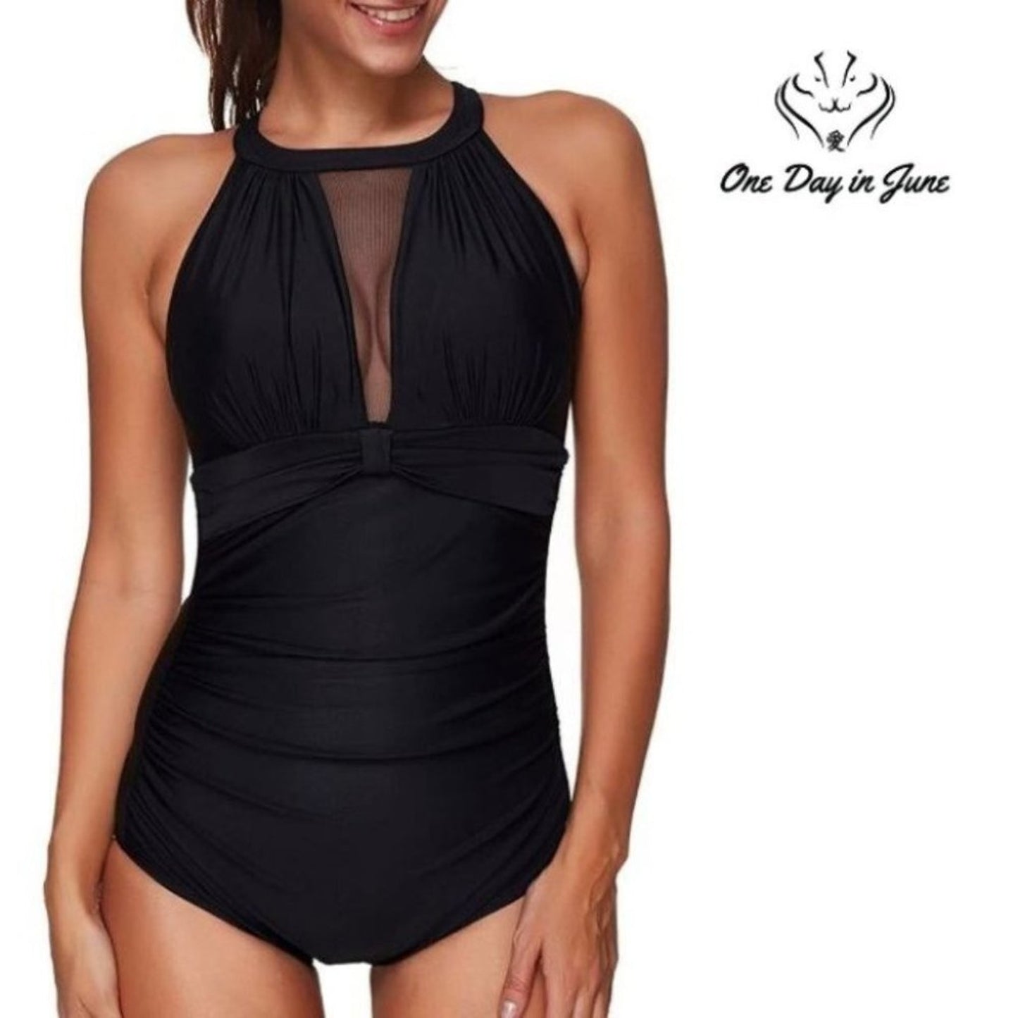 Tempt Me High Neck Plunge Mesh Ruched Monokini