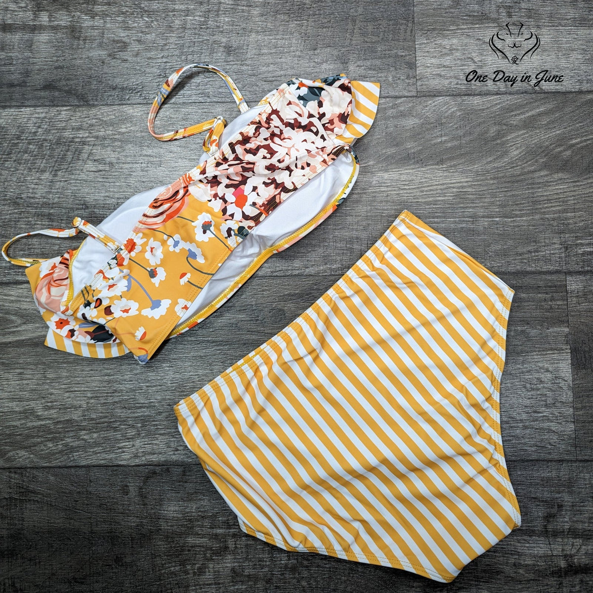 Ferbia Bandeau Bikini Swimsuit Floral Ruffle High Waist Yellow NWT Size L