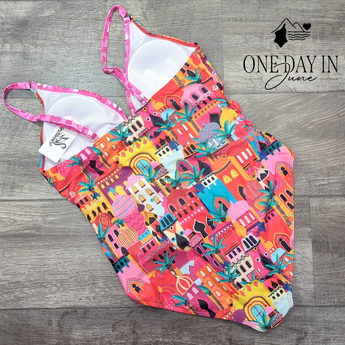 Sporlike Castle Print V Neck Ruched Tummy Control One Piece Swimsuit NWT Size L