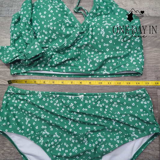 CharmLeaks Floral Crop Tie Front High Waist Bikini Green White Size XL