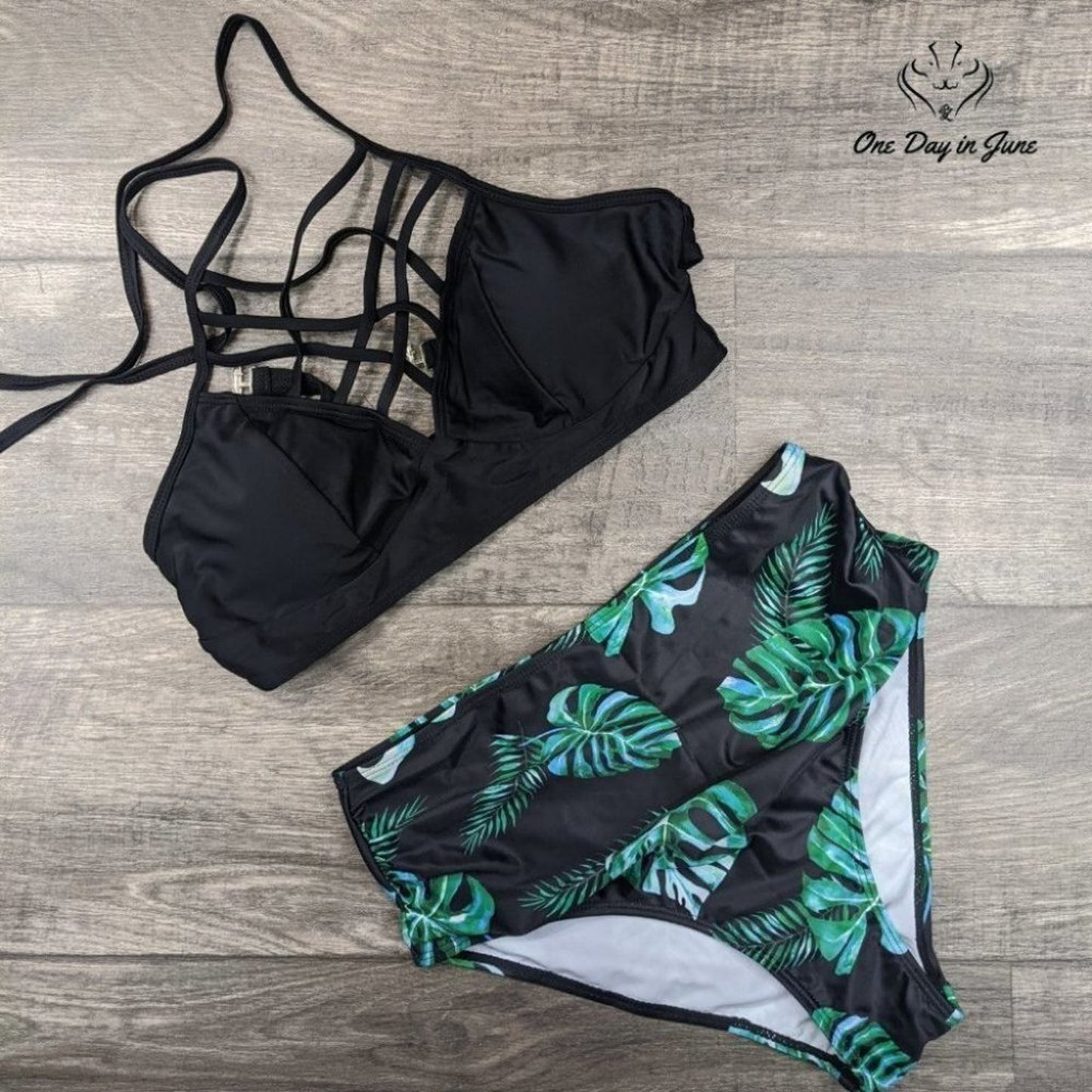 Holipick High Waist Floral Cross Strappy Ruched Bikini Size M