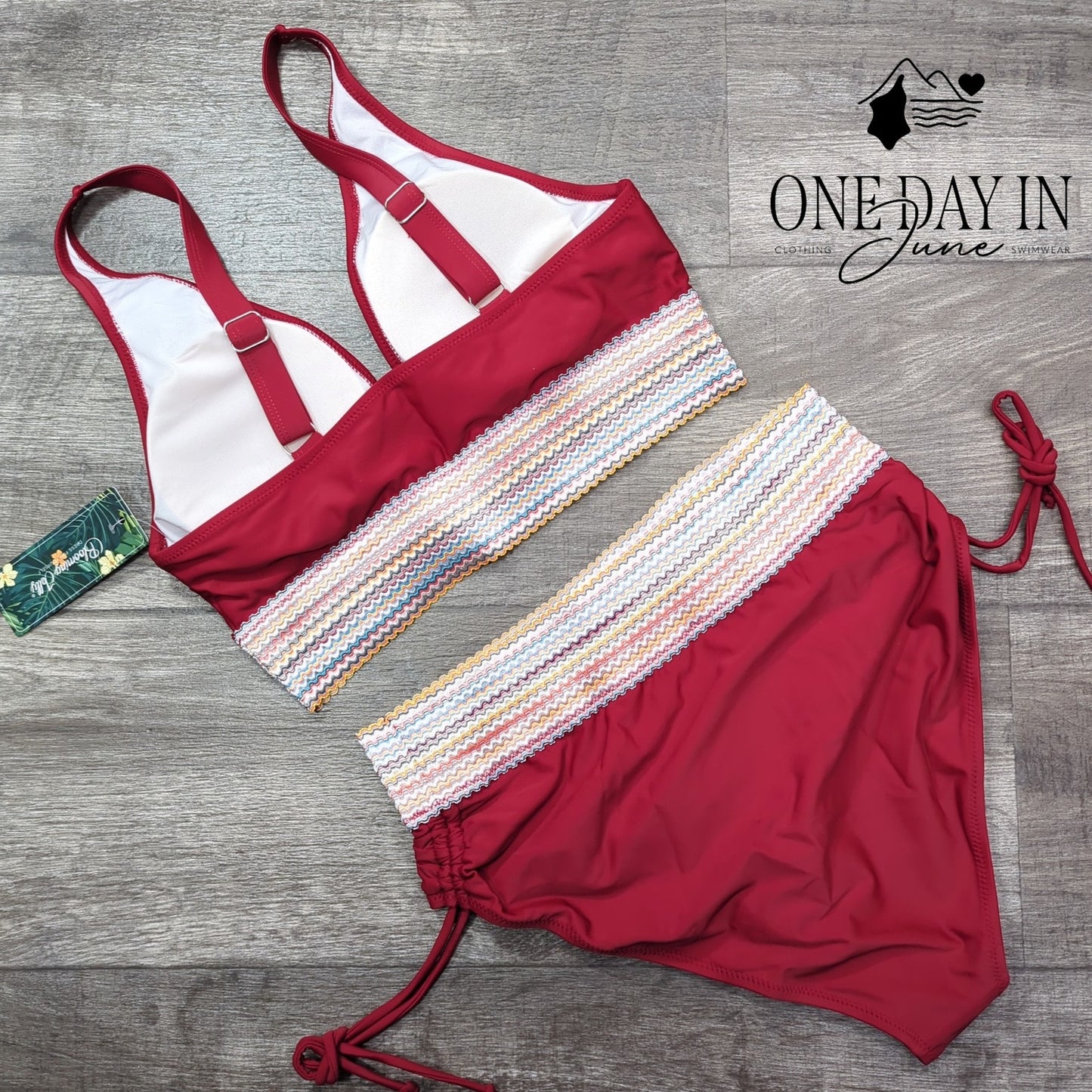 Blooming Jelly Embroidered Band Ruched Tie Side Bikini Swimsuit Size L