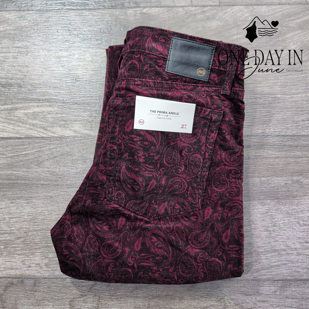 AG Adriano Goldschmied Prima Ankle Velveteen Jeans Burgundy Paisley NWT Size 4