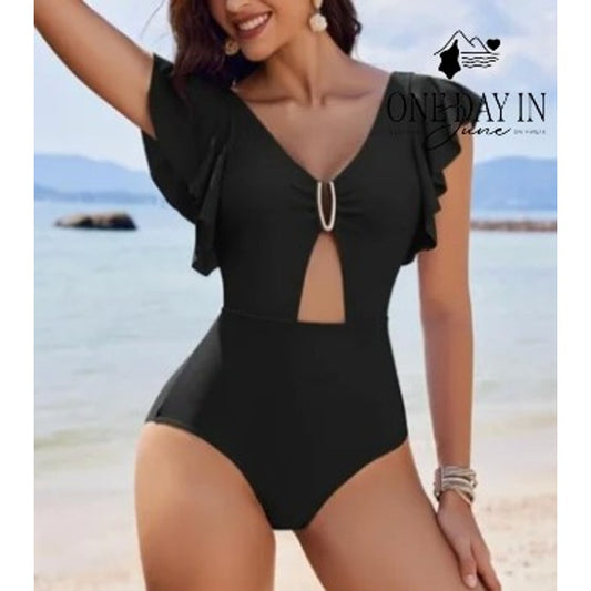 Aimage One Piece Swimsuit Black Ruffle Keyhole Cutout Padded NWT Size XL