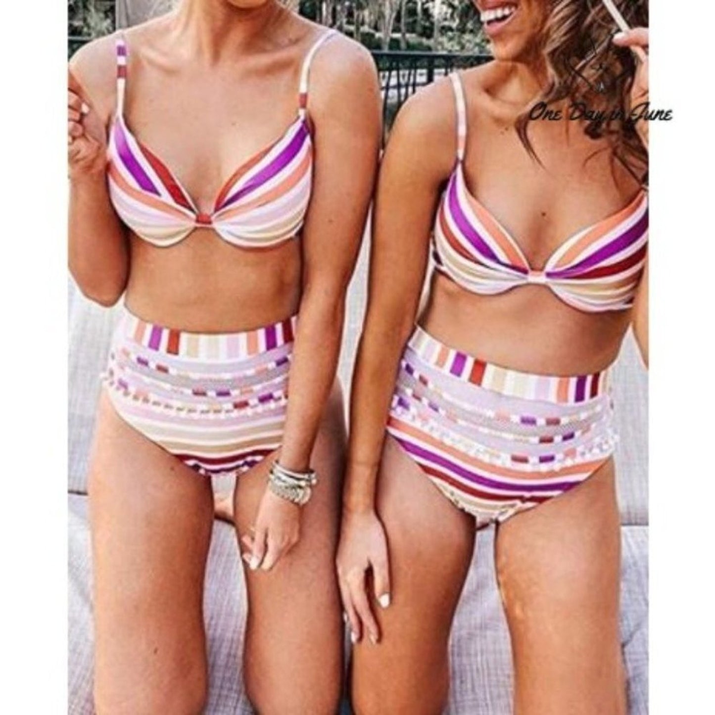 Dokotoo Striped High Waist Bikini Size M