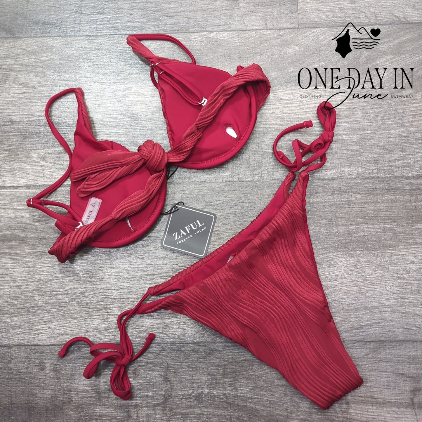 Zaful Underwire Tie Back Tie Side Textured Bikini Swimsuit Size S