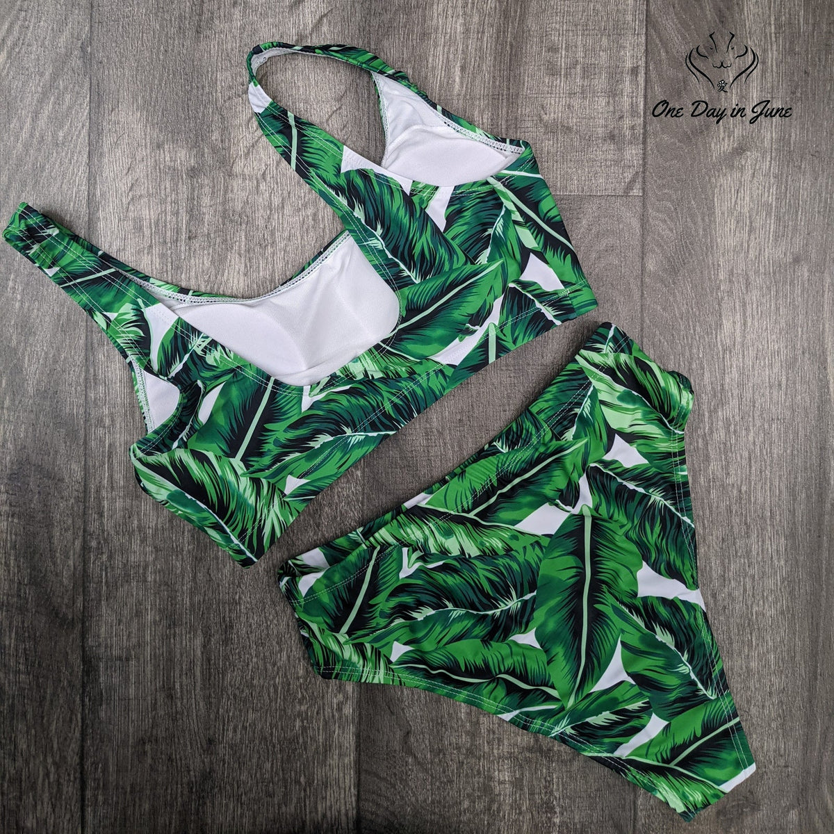 Pink Queen High Waist Bikini Swimsuit Green Tropical Palm Leaf Print Size M