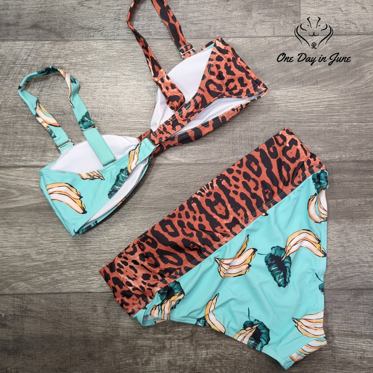 ODIJ Leopard Banana Print Knot Front High Waist Bikini Swimsuit Size XL
