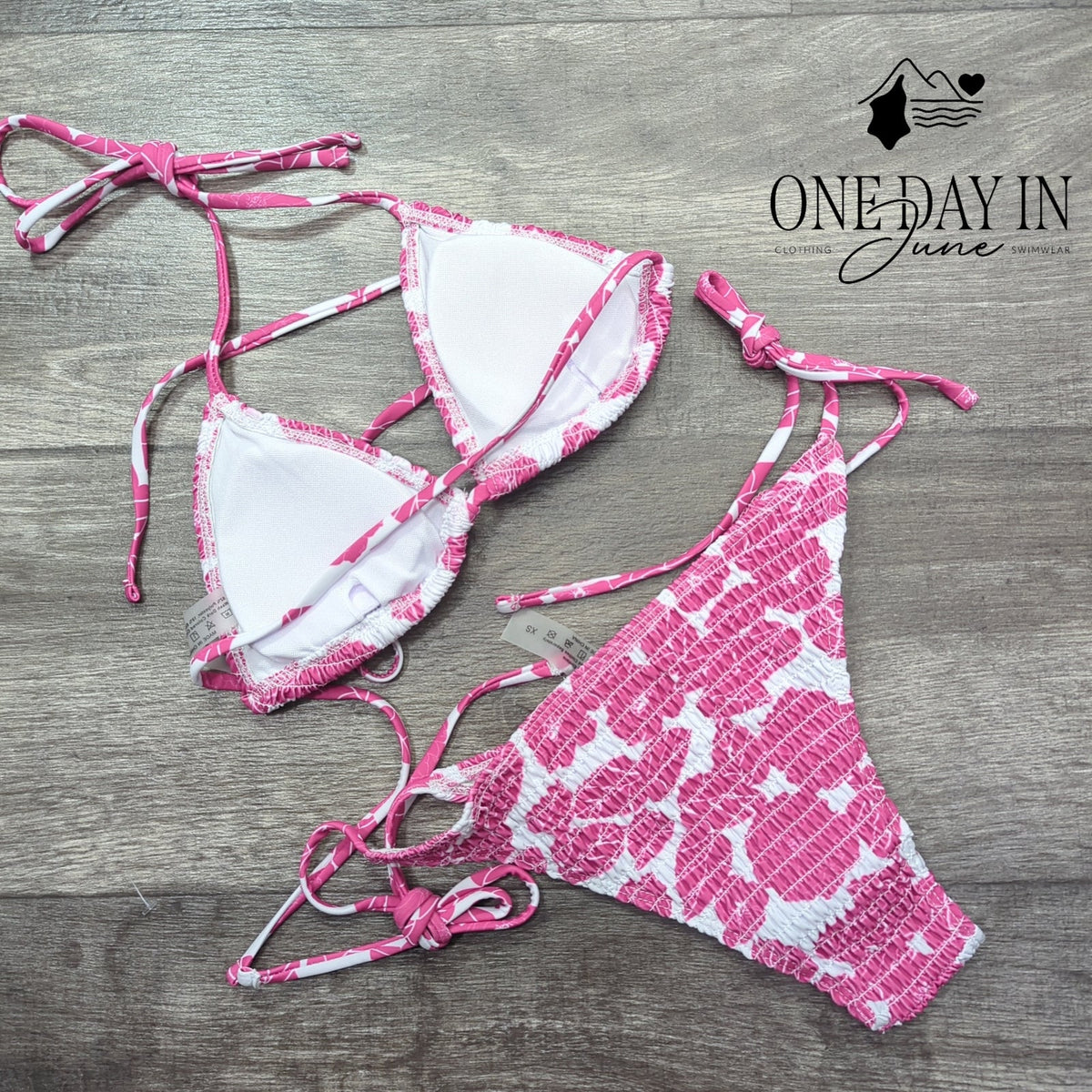 CharmLeaks Smocked Triangle Bikini Swimsuit Pink White Tie Side Size XS