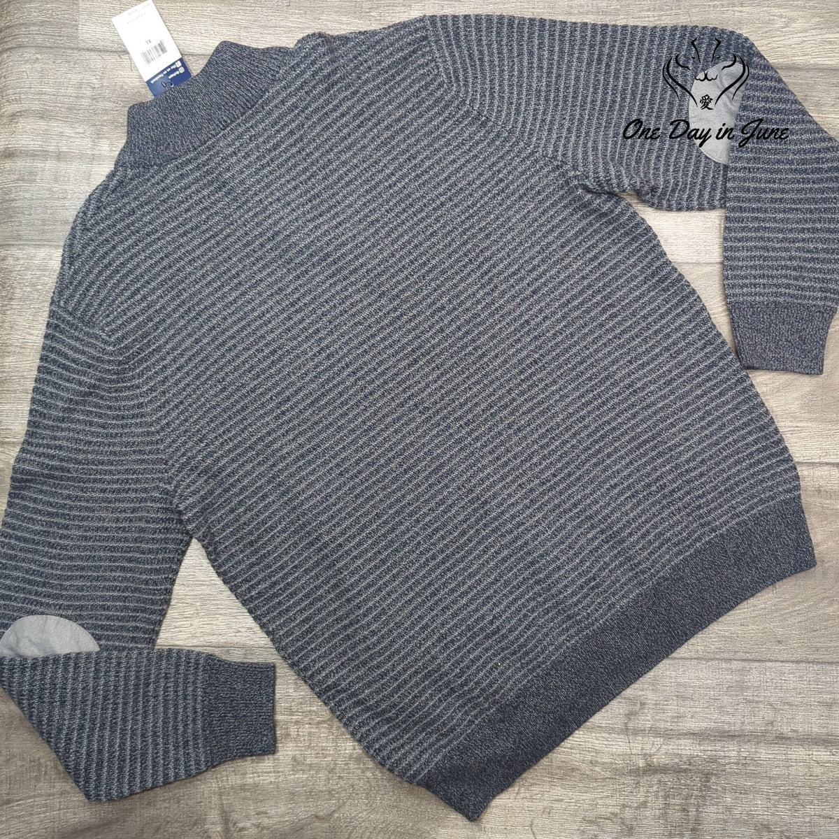 Chaps Button Mock Neck Stripe Sweater Charcoal Gray Elbow Patch NWT $70 Size XL
