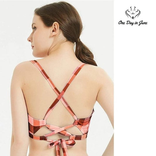 Futurino Vintage 50s Plaid Pattern Halter Bikini Top Size XS