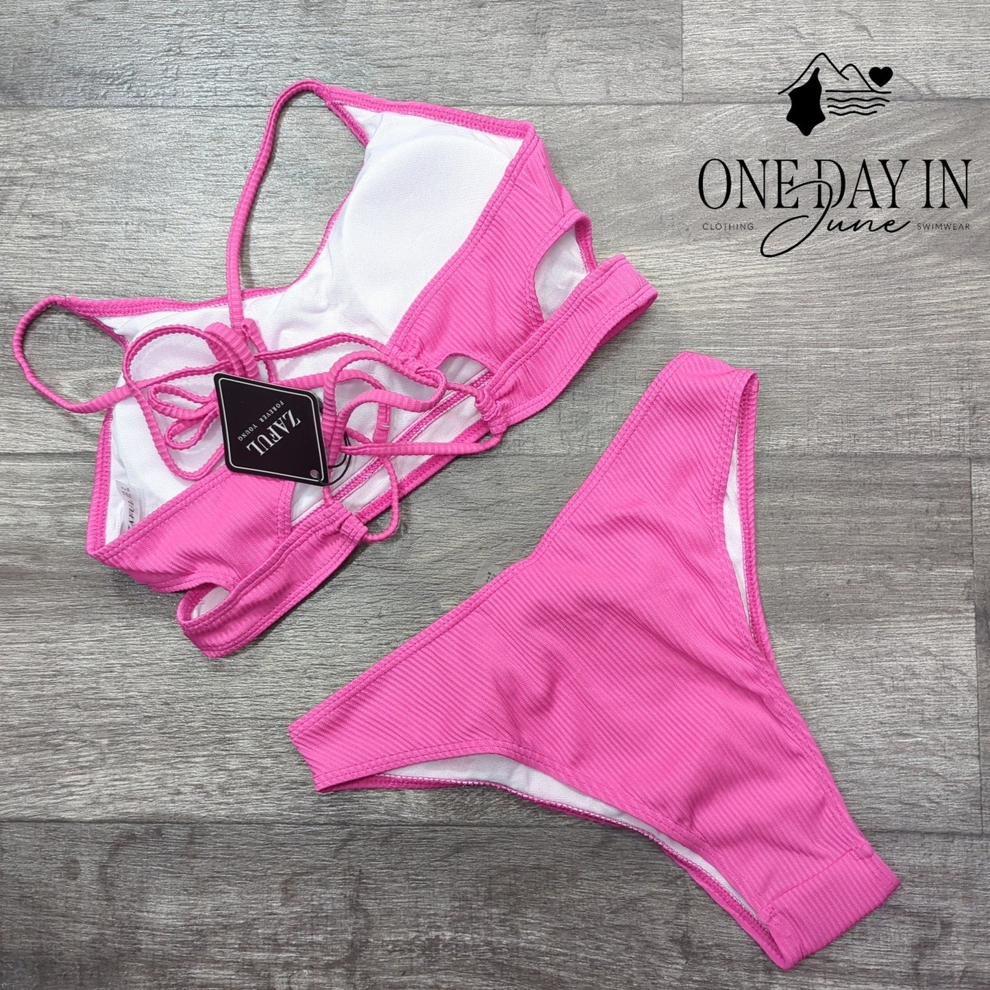 Zaful Lace Up Back Ribbed Cheeky Bikini Swimsuit Size S