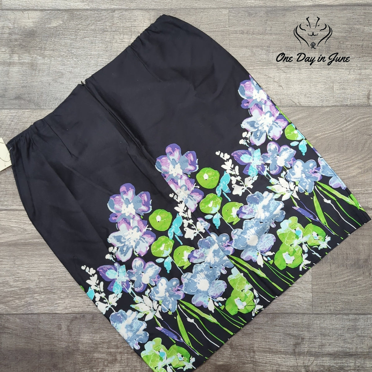 Kim Rogers Petite Floral Border Print Knee Length Skirt Blue Green NWT Size PL