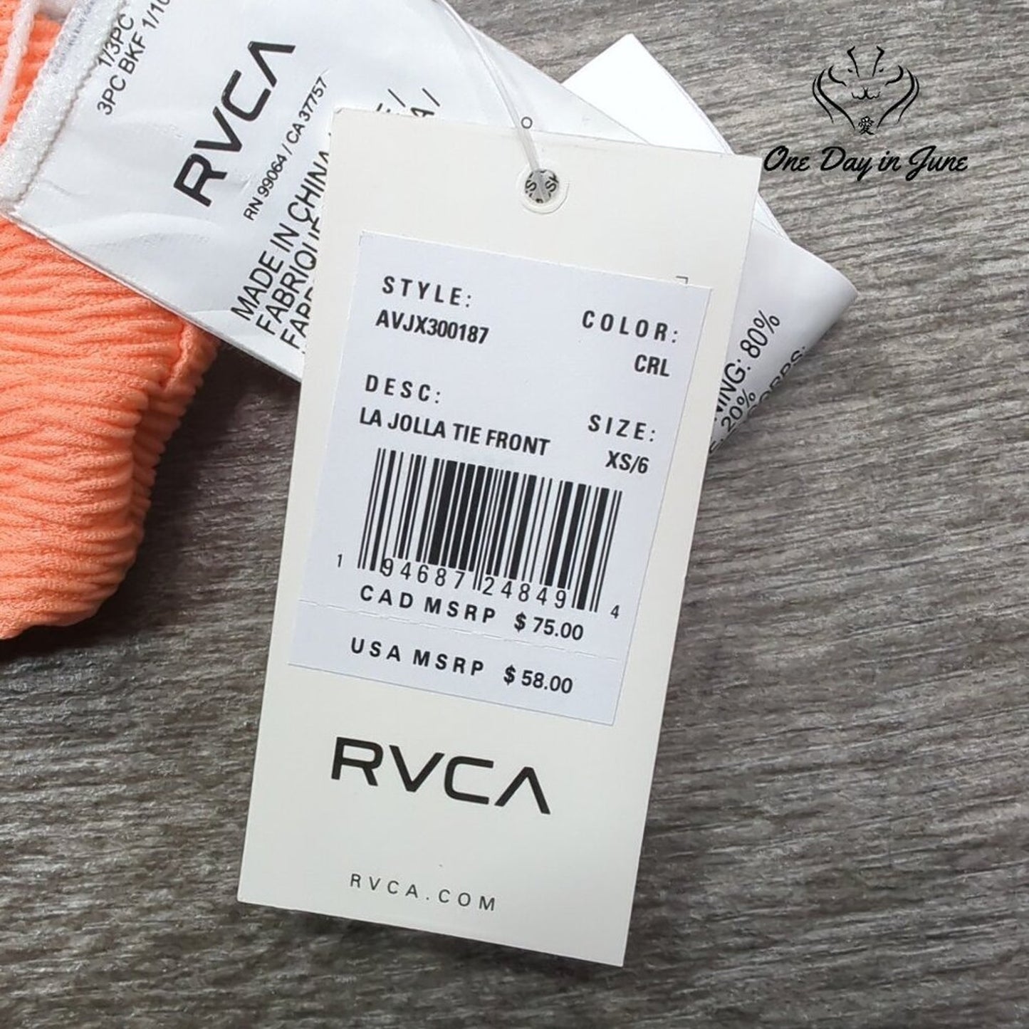 RVCA The Jolla Tie Front Bikini Top Size XS