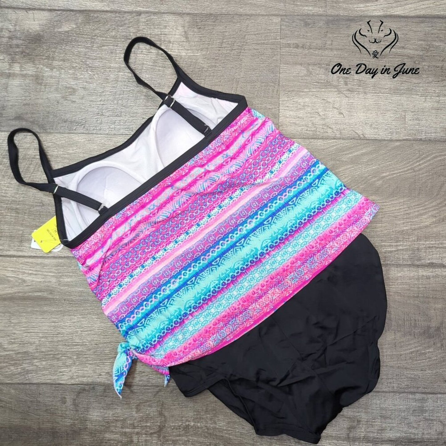 Sportswear Double Up Tankini Swimsuit Pink Blue Print Black NWT Size L