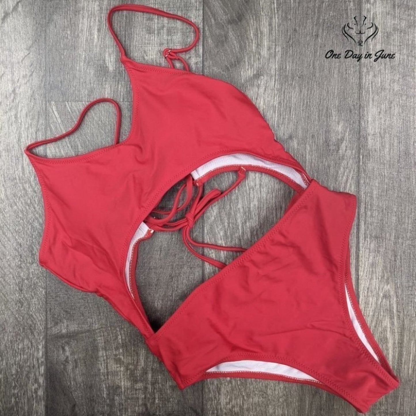 Meyeeka Scoop Neck Cut Out Front Lace Up High Cut Monokini Size L