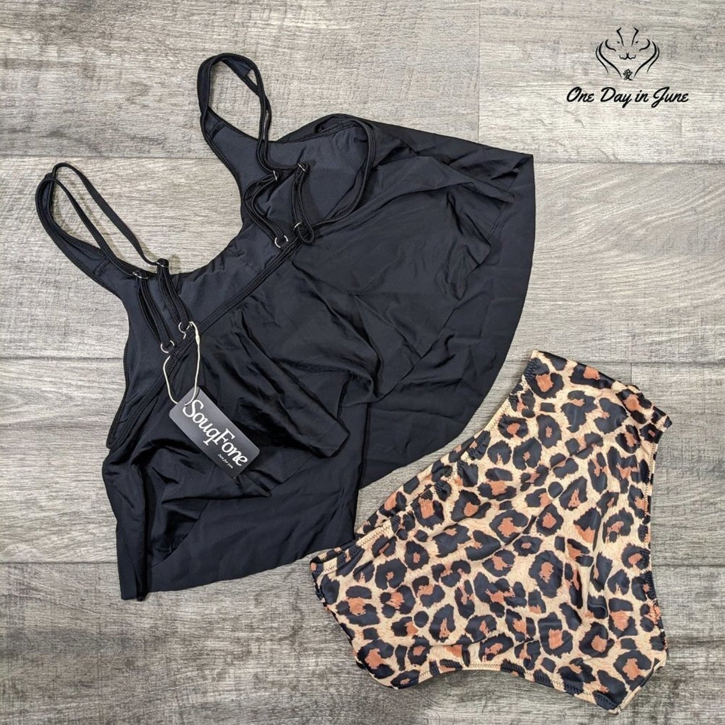 Souqfone Leopard Flounce Bikini Swimsuit Size L/ Top M/Bottom