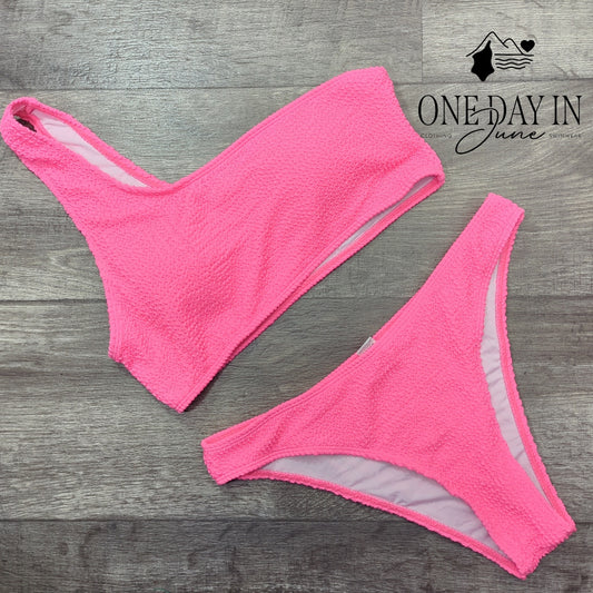 CharmLeaks Smocked One Shoulder Bikini Swimsuit Hot Pink Two Piece Size L